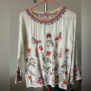 Johnny Was Blue and White Embellished Blouse